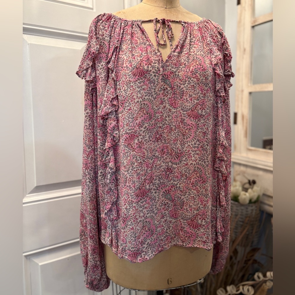 Ann Taylor Pink and‎ Gray Floral Long Sleeve Ruffle Blouse L Babydoll Boho Chic